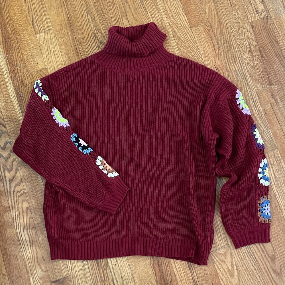 Oversized Burgundy Turtleneck Sweater with Floral Accents